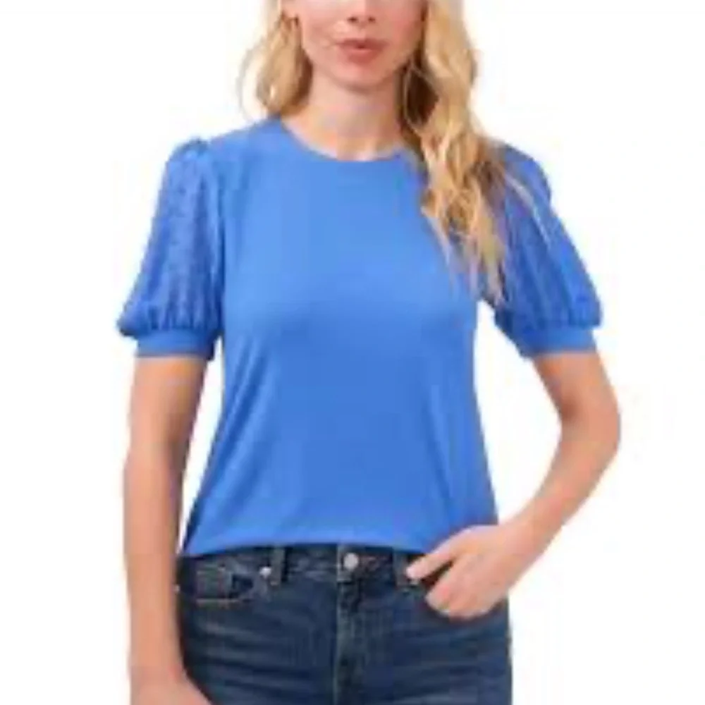 CeCe Blue Swiss Dot Sheer Puff Sleeve Top Blouse Large